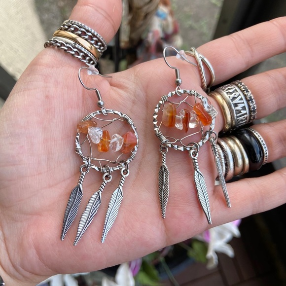 Carnelian & crystal quartz dream catcher earrings - Picture 3 of 6